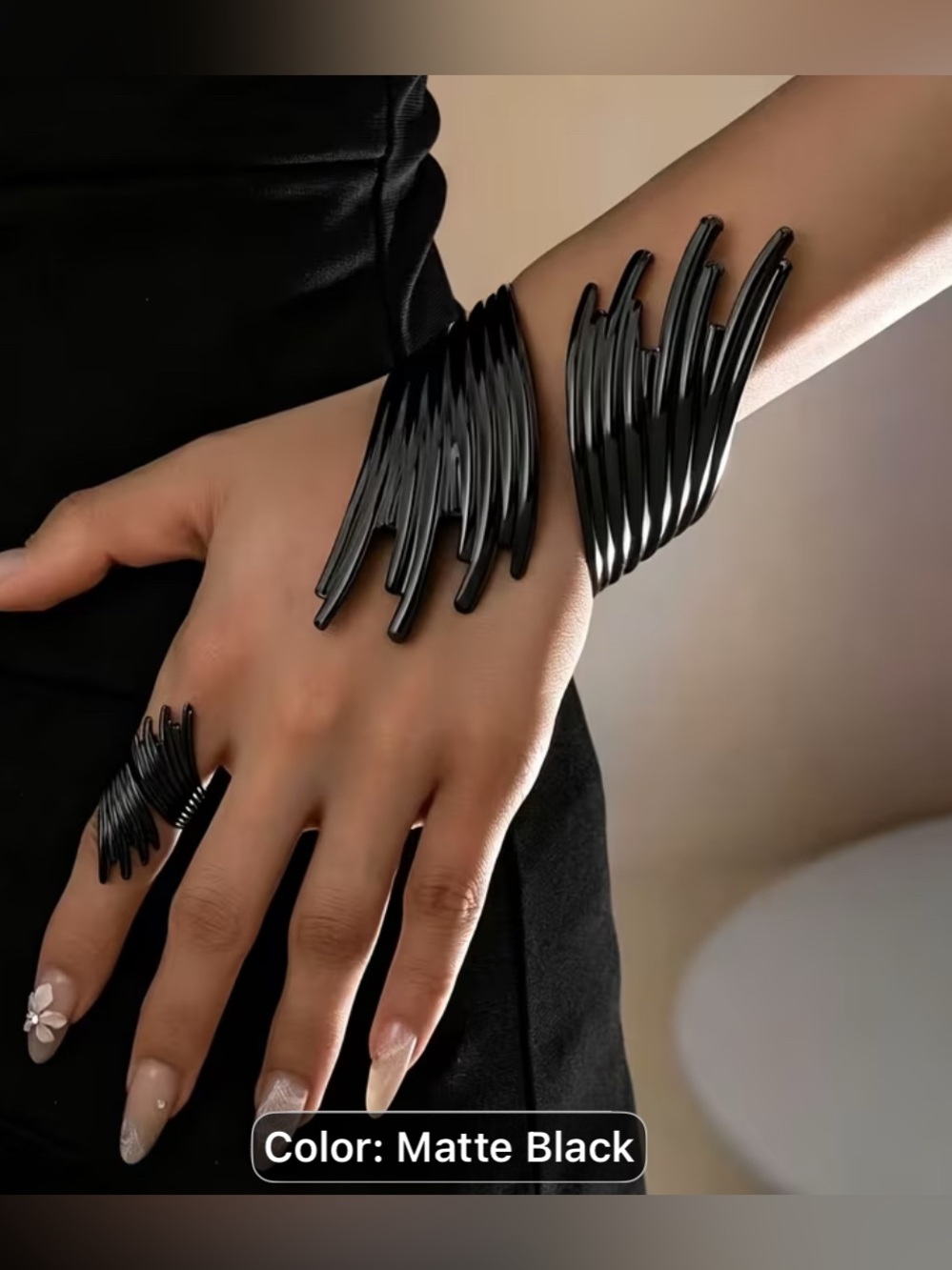 1-Matte Black Wings Sculptural Resin Bracelet & Ring Set